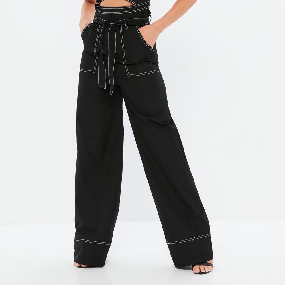 New Black Contrast Stitch Wide Leg Pants